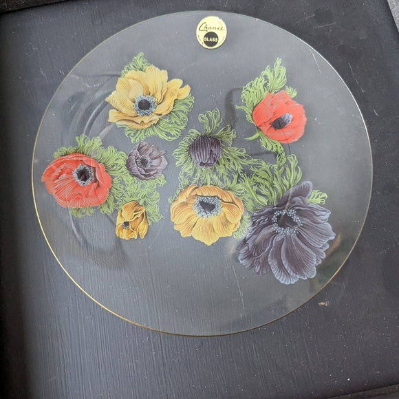 Chance Glass Made in England plate. Clear glass, gold trim, floral painting. - Picture 5 of 5